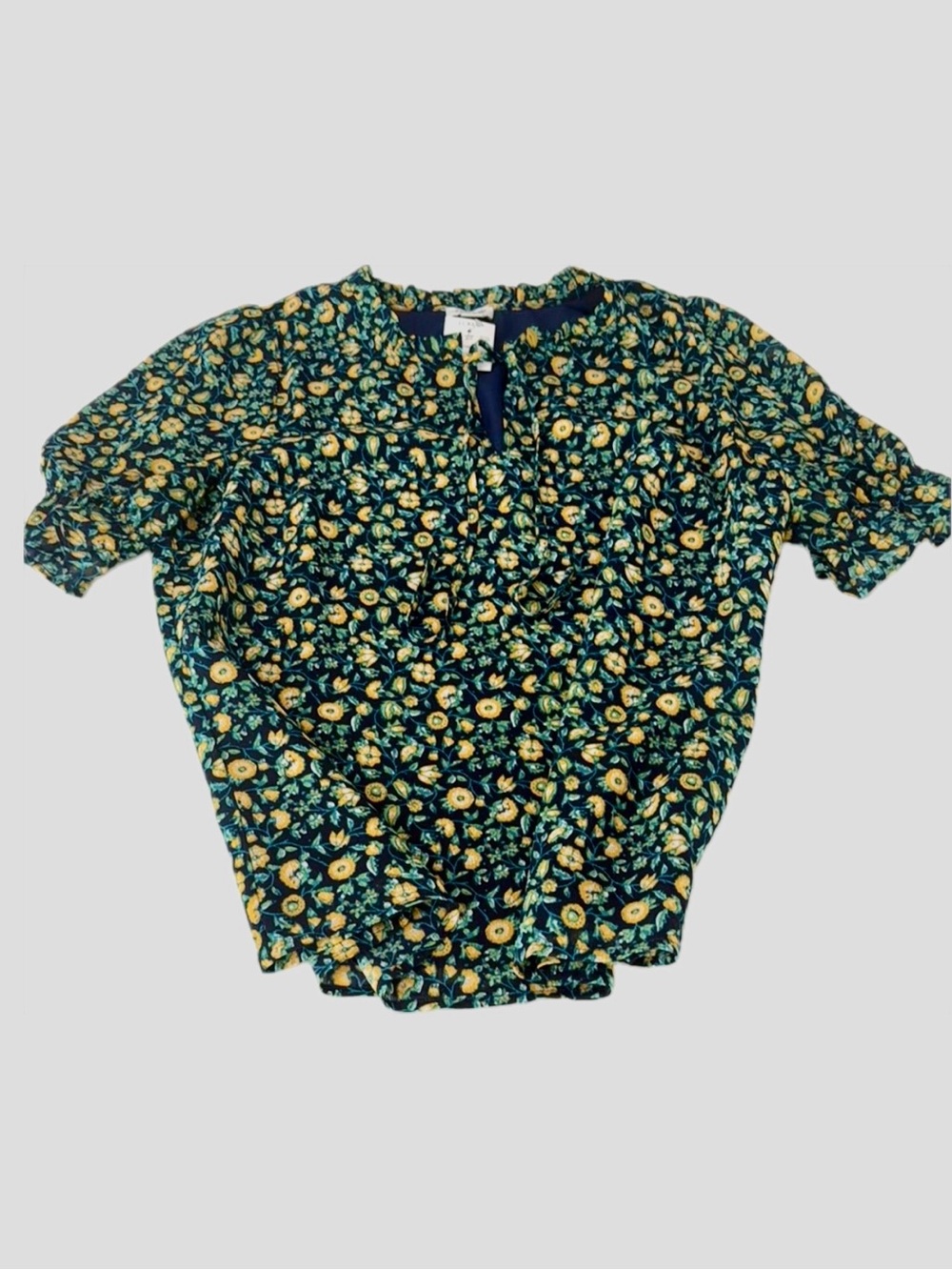 J Crew Blue Print Blouse with slightly orange/yellow and green-size small